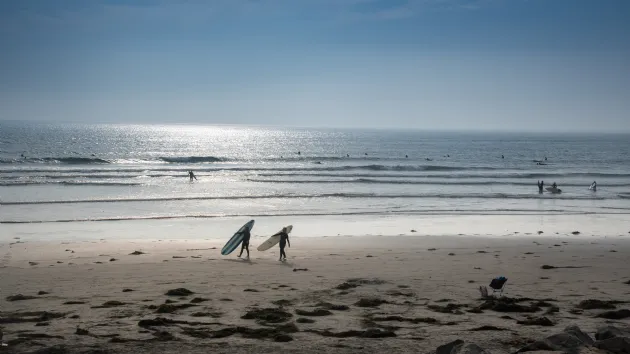 Two Surfers Walking Along the Beach at Tourmaline