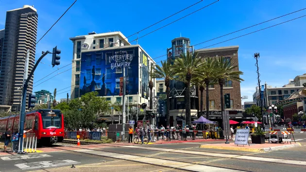 Trolley Crossing the Street in the Gaslamp Next to Comic-Con San Diego 2022