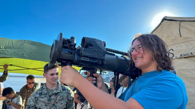 Lucas Holding M3e1 Carl Gustaf Recoilless Rifle at Fleet Week San Diego