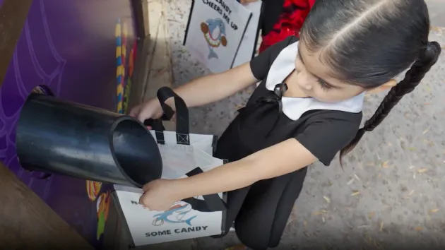 Little Girl Getting Candy at the Halloween Spooktacular at SeaWorld San Diego