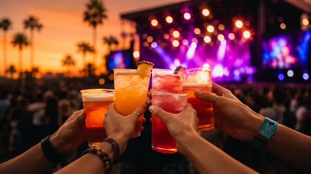 Friends raising drinks at sunset during an outdoor San Diego music festival with a concert stage in the background