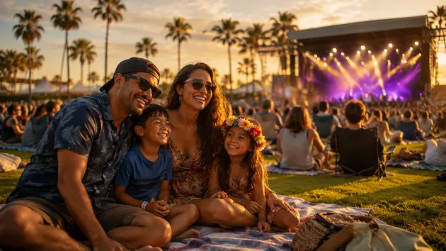 Family sitting on a blanket and enjoying live music at a sunny outdoor San Diego festival with palm trees and a stage nearby
