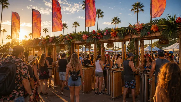 Guests entering a tropical-themed outdoor music festival in San Diego at sunset with palm trees and decorated entry gates.