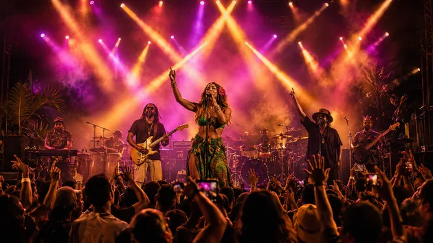 Island reggae band performing live on stage at an outdoor San Diego music festival with colorful concert lights