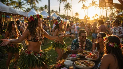 Festival guests enjoying food and tropical dancers during a sunny outdoor island music festival in San Diego