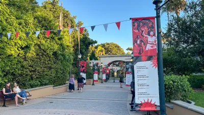 Walking into the Main Plaza at the Old Globe