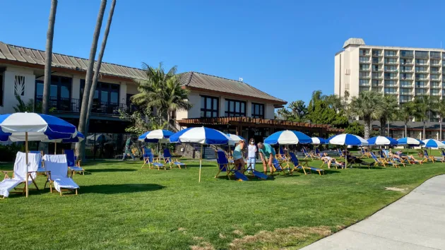 Chairs and Umbrellas Overlooking Sail Bay at the Catamaran Resort Hotel and Spa